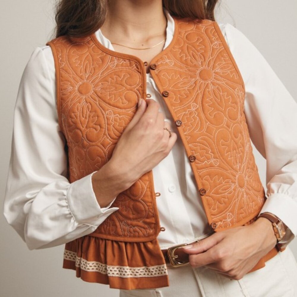 Quilted Peplum Vest with Lace Trim in Terracotta | Western Boho - Picture 5 of 15